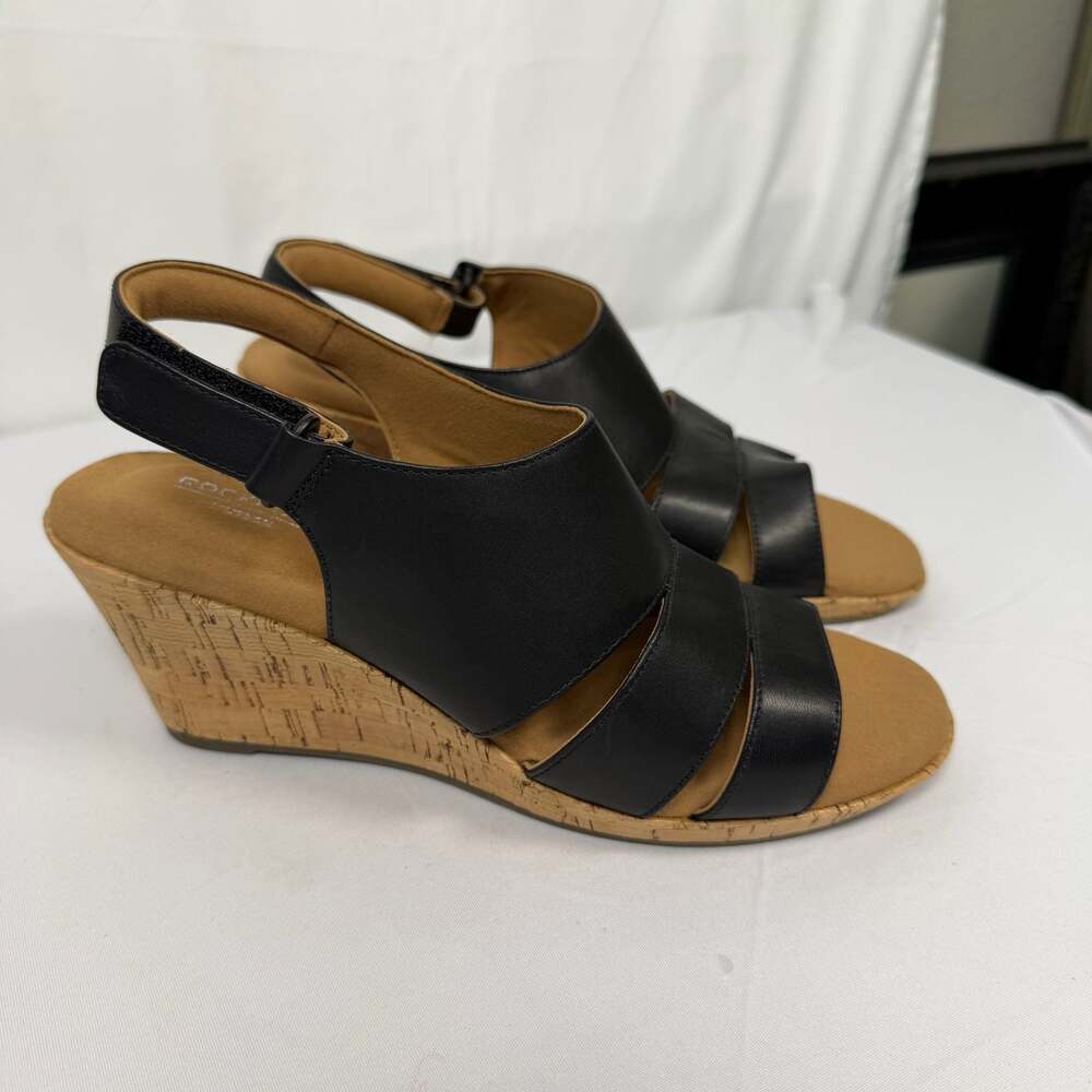 Rockport Black Leather Cork Wedge Slingback Sandals